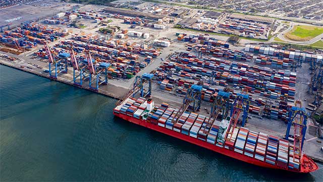 Helicopter view of Santos port and container terminal