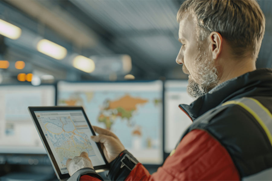 Person looking at a world map in a transport management system