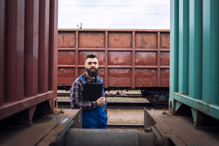 A man dressed in blue overalls and a checkered shirt is holding a clipboard. He stands between two containers and looks straight into the camera with a slight smile.