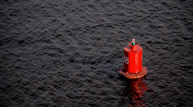 Red buoy floating on dark, rippled water