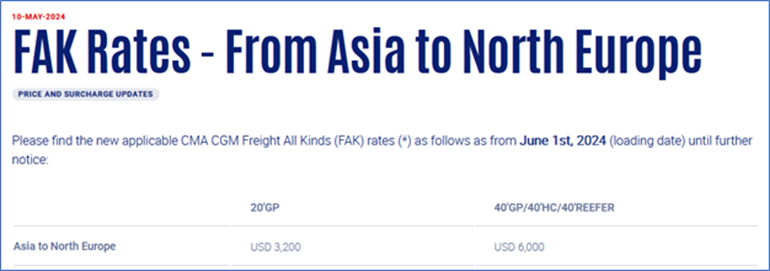 Rates from Asia to North Europe June 2024