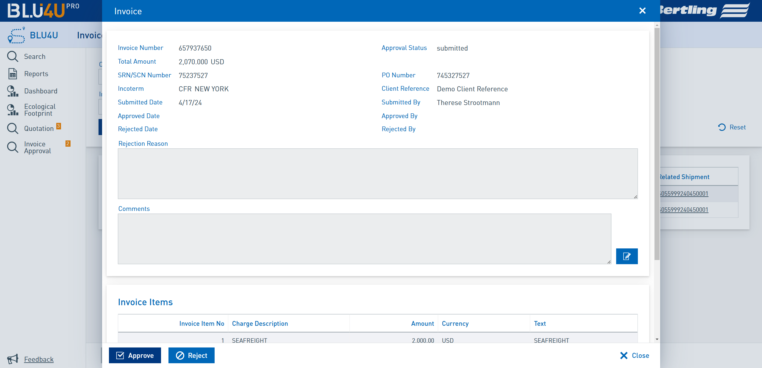 Invoice approval tool BLU4U tracking system