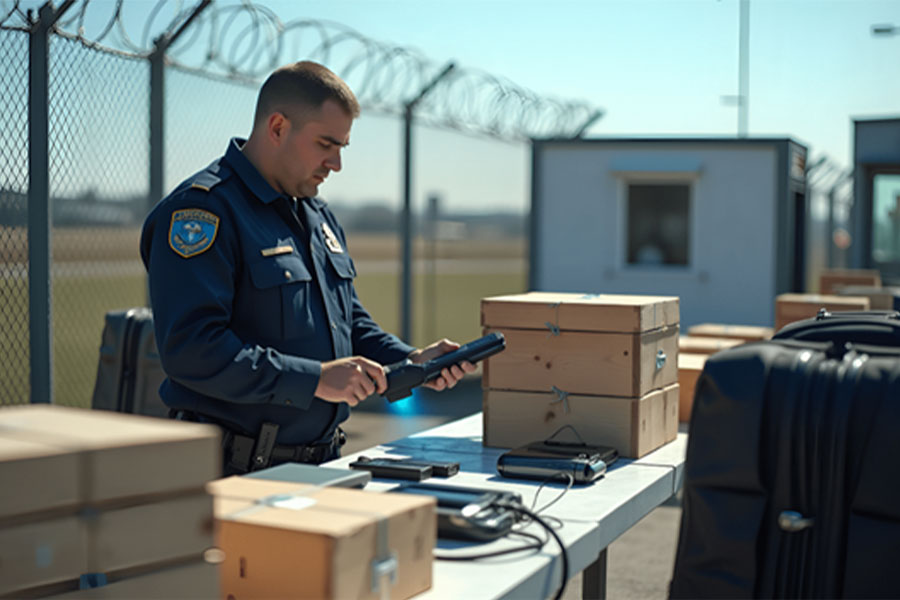 Amerikansk tulltjänsteman kontrollerar varor i tullen. Han står bakom ett avlångt bord med elektronik och trälådor. I bakgrunden ser man ett stängsel med taggtråd ovanpå.