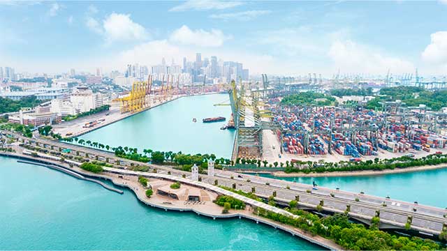 Helicopter view of Singapore port and container terminal